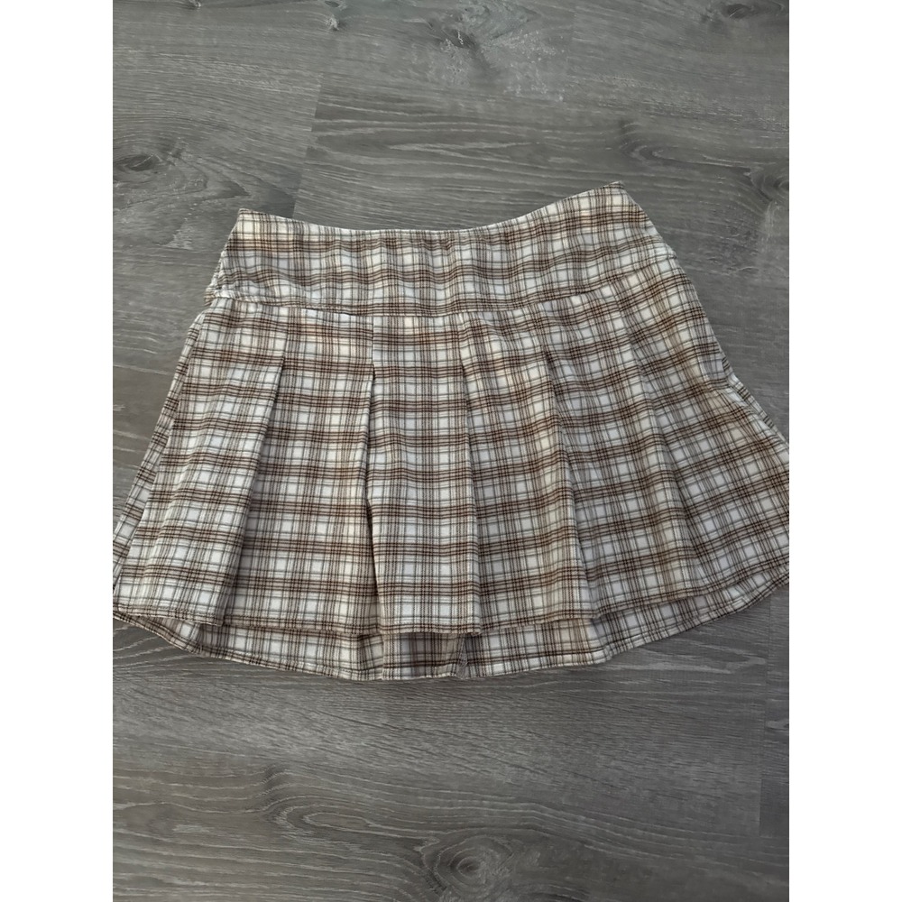 Hollister Brown Plaid Pleated High-Rise Mini Skirt Smocked Back‎ Womens Large